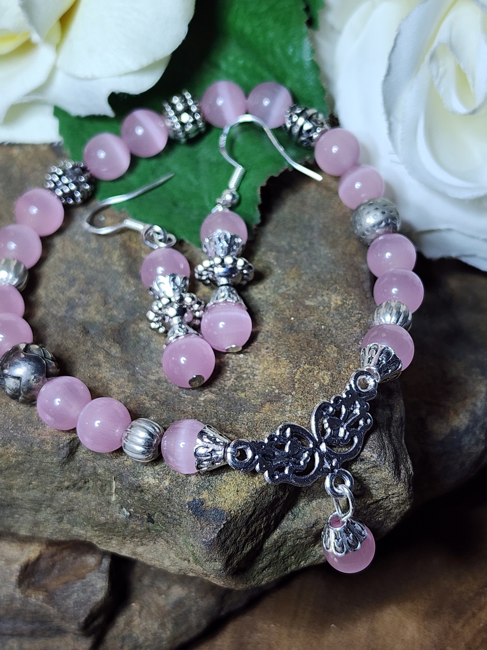 Bracelet & Earrings Pink Glass Beads With Silver Toned Accents